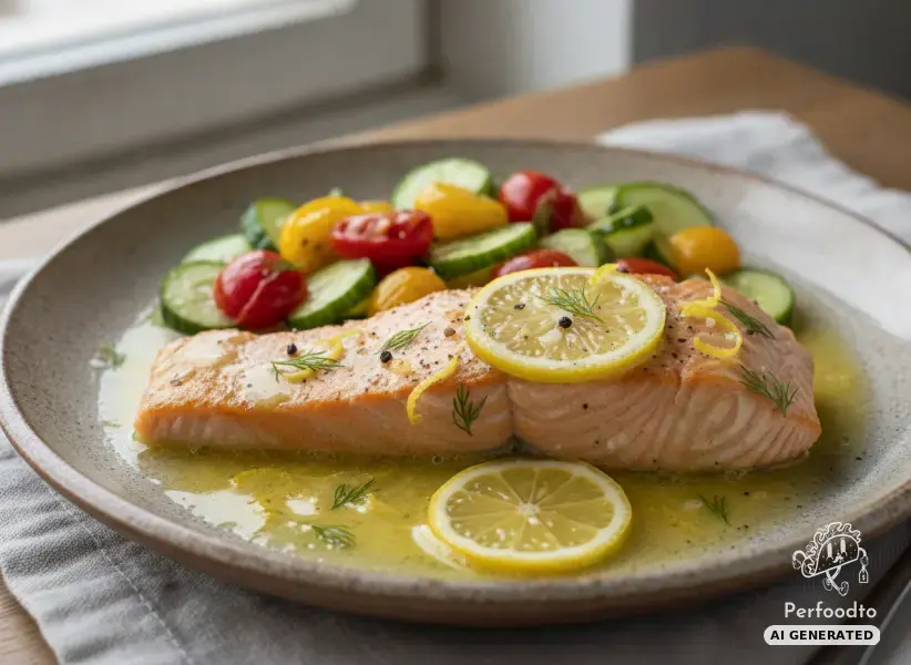Salmon fillet in lemon butter with braised cucumber and tomato vegetables