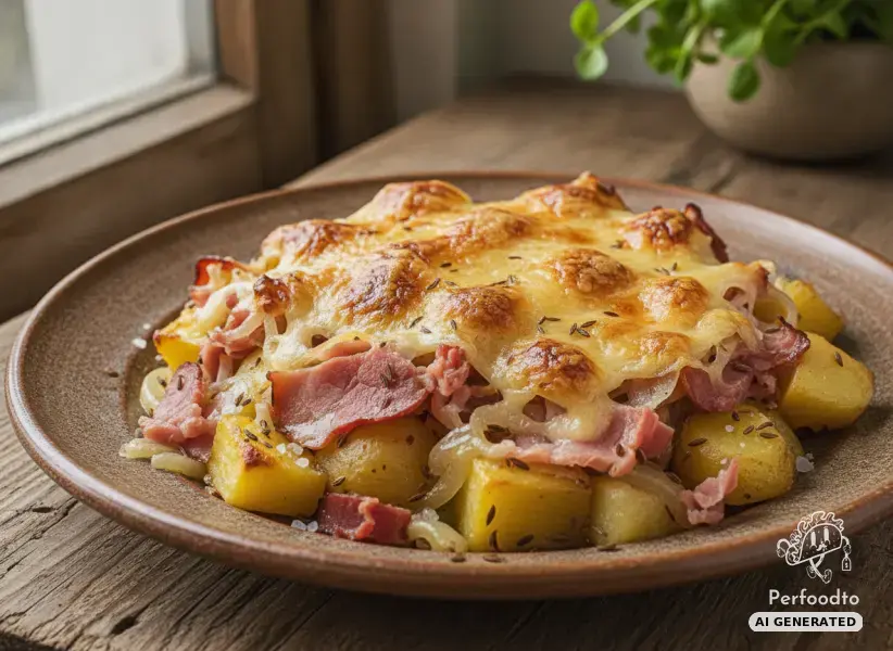 Überbackenes Kartoffelgröstl mit Bauernschinken
