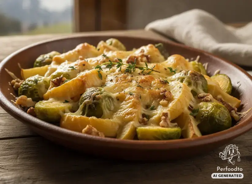 Autumnal roasted vegetables with Brussels sprouts, apples and gratinated Gouda