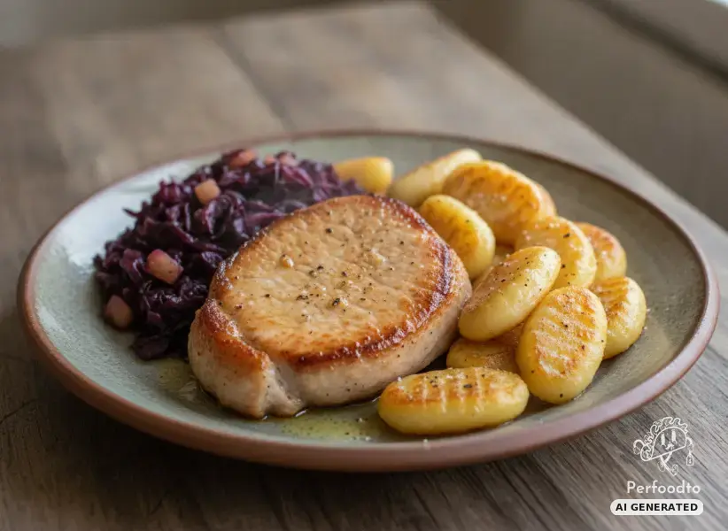 Juicy pork loin with red cabbage and fried gnocchi