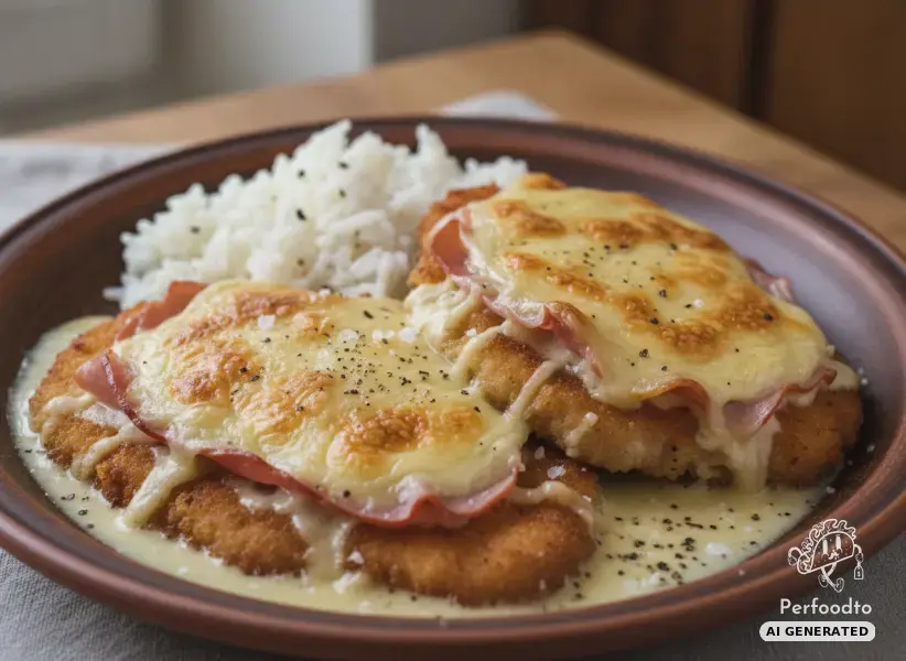 Pork escalopes baked with ham and rice