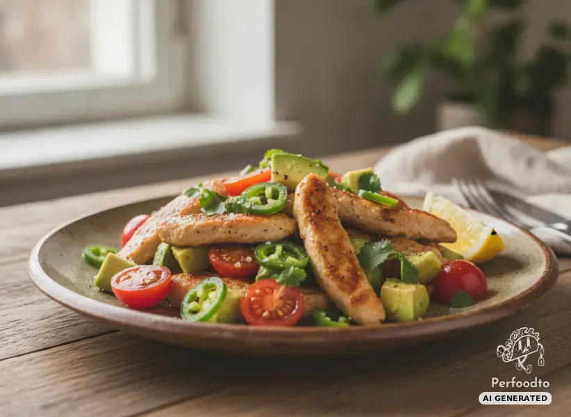 Spicy sliced chicken with avocado and tomatoes