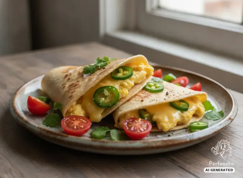 Stuffed breakfast tortillas with scrambled eggs, Gouda and jalapenos