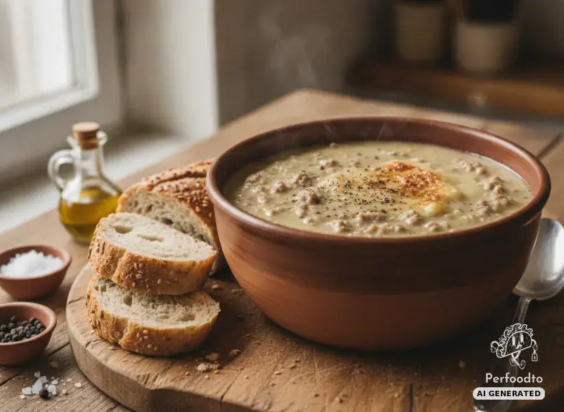 Hearty mountain cheese and minced meat soup from the Thermomix with baguette