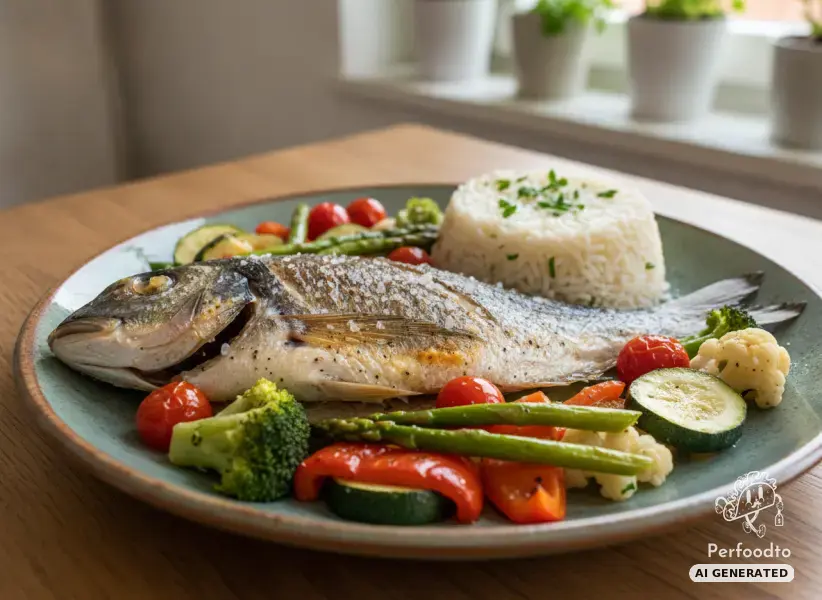 Crispy gilthead seabream with natural vegetables and basmati rice