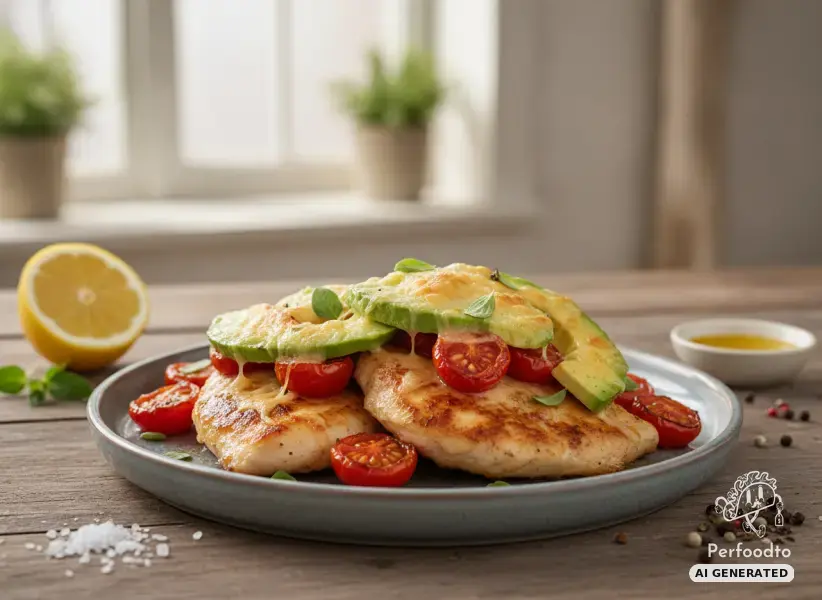 Saftiges Hendlfilet mit überbackenen Tomaten und Avocado