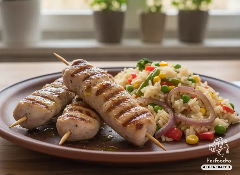 Gebratene Putenspieße mit Reis und buntem Gemüse