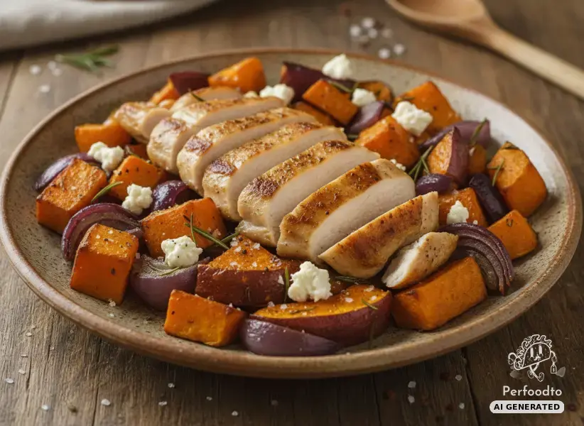 Herbstliches Ofengemüse mit Kürbis und Hendlfilet