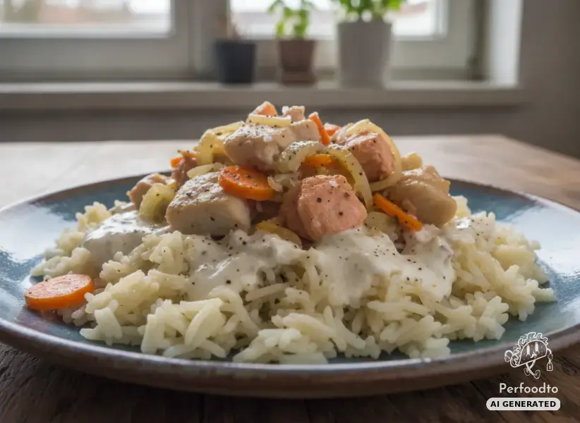 Colorful fish pan on long grain rice with cream cheese sauce