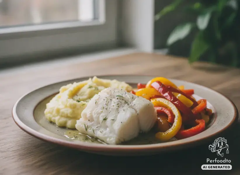 Steamed polar cod from the Varoma with mashed potatoes and bell pepper vegetables