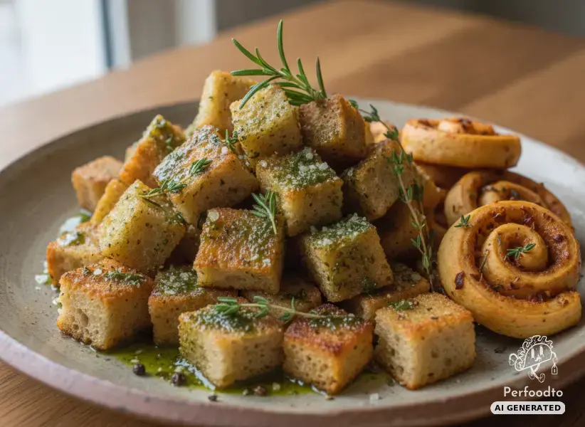 Knusprige Pfannenbrotwürfel mit Kräuteröl und würzigem Gebäck