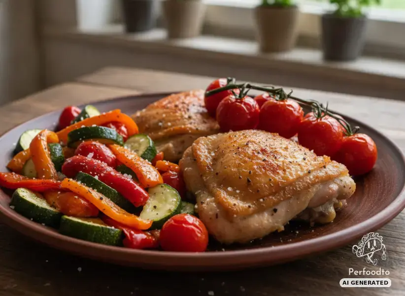 Crispy corn-fed chicken thighs with roasted vegetables