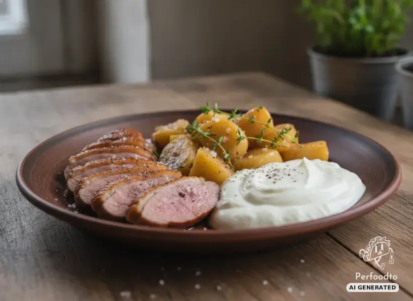Pan seared duck breast with braised apples and spoonable kefir