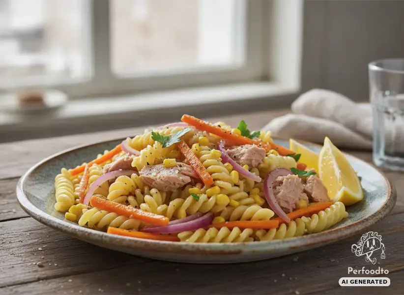 Nudeln mit Thunfisch, Mais und Karotten