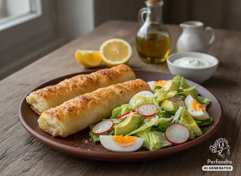 Crispy cheese burek with colorful avocado egg salad