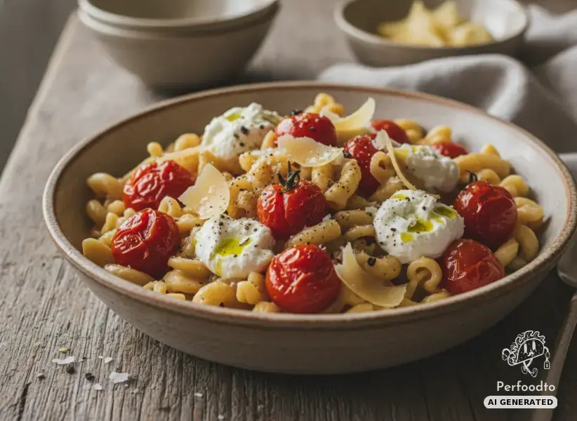 Creamy pasta with braised cherry tomatoes and cream cheese