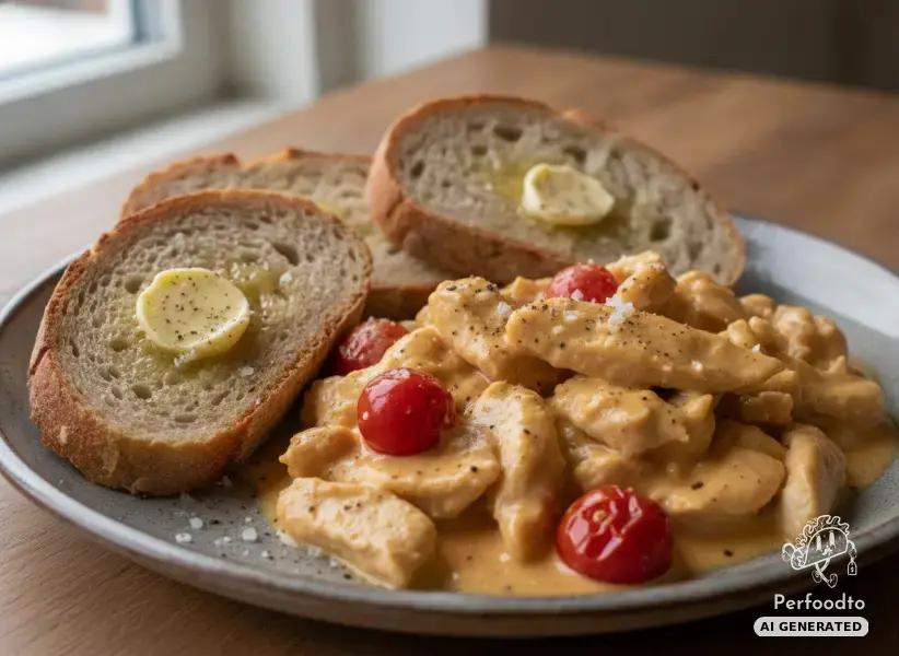 Creamy sliced chicken from the Thermomix with fresh bread