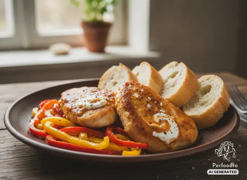 Traditional Paprika Chicken with Bell Peppers and Baguette