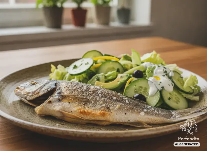Knuspriger Wolfsbarsch aus dem Ofen mit buntem Gurkensalat