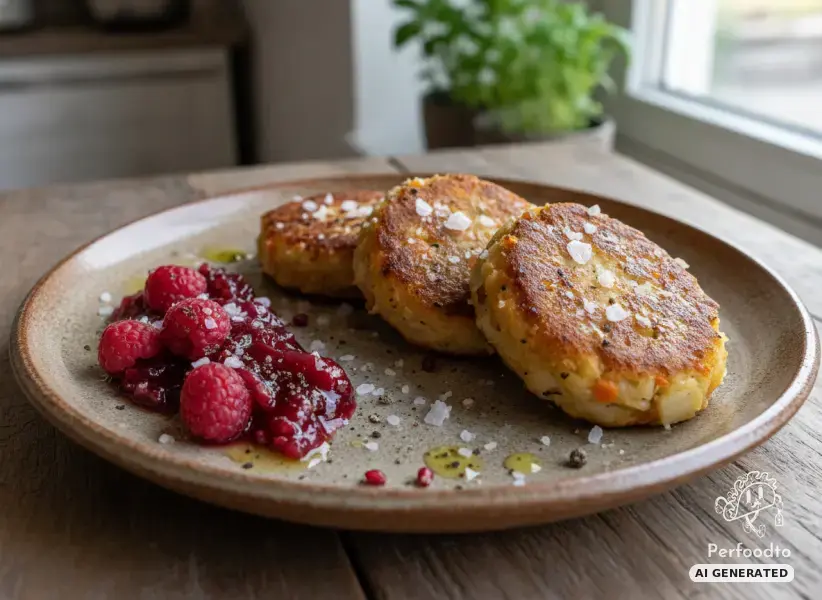 Vegetable patties with raspberry chutney and salt sticks