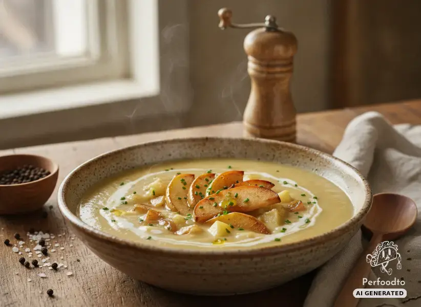 Cremige Sellerie Erdäpfel Suppe mit gebratenen Apfelspalten