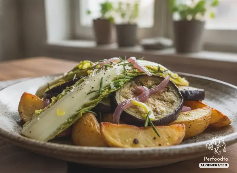 Fried eggplant and Chinese cabbage on crispy baked potatoes