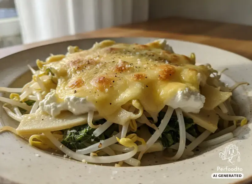 Überbackene Pfanne aus Bohnenkeimlingen mit Bergbaron und Cheddar