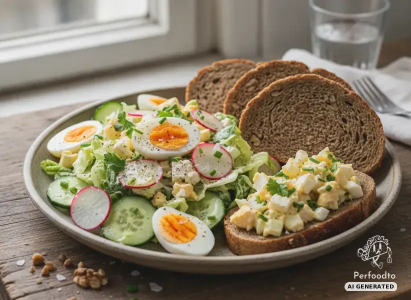 Colorful egg salad with white cheese and walnut bread