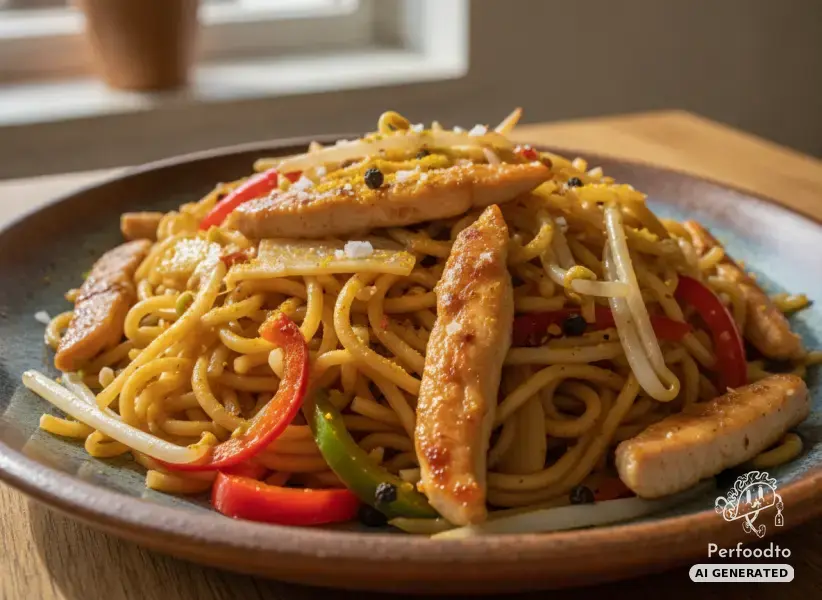 Fried wok noodles with chicken inner fillets and vegetables