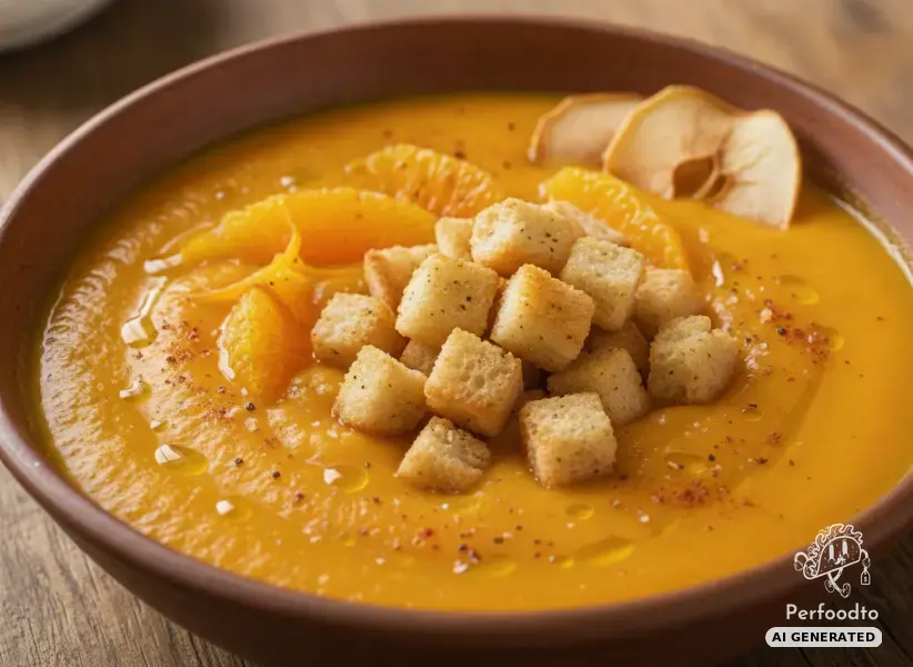 Fruity pumpkin soup with oranges and crispy garlic croutons