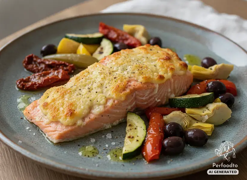 Überbackener Lachs mit würziger Gorgonzolakruste und Antipasti
