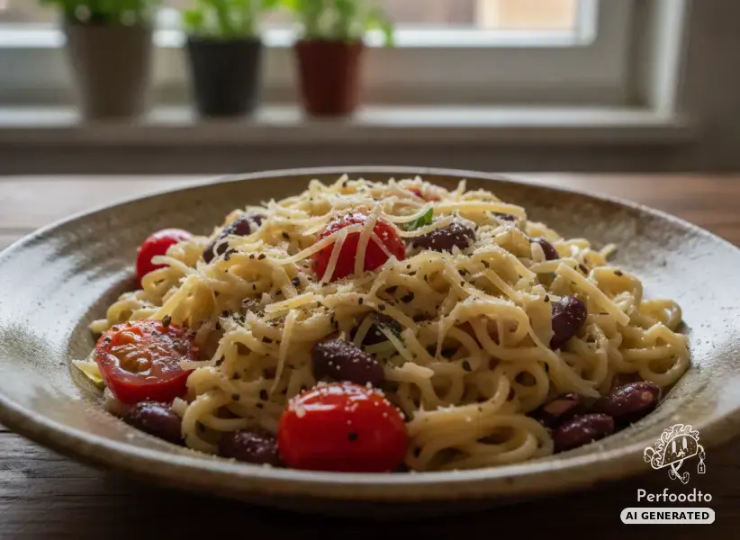 Creamy Ramen Noodles with Mascarpone, Cherry Tomatoes and Scarlet Runner Beans