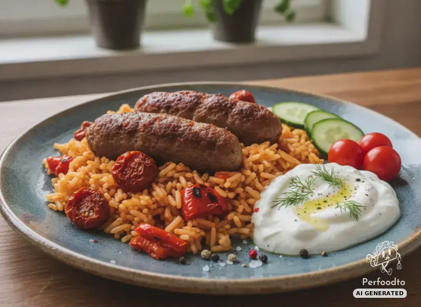 Spicy cevapcici with tomato rice and yogurt dip