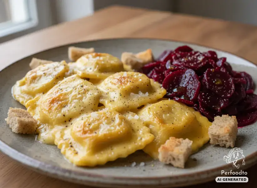 Überbackene Ravioli mit cremigem Bonbel und Rote Rüben Salat