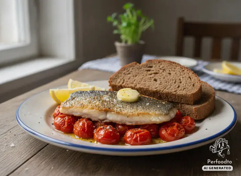 Gebratenes Wolfsbarschfilet mit geschmorten Datterini Tomaten und Roggenbrot