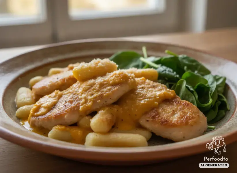 Hendl Innenfilets in Kürbisrahm mit Schupfnudeln