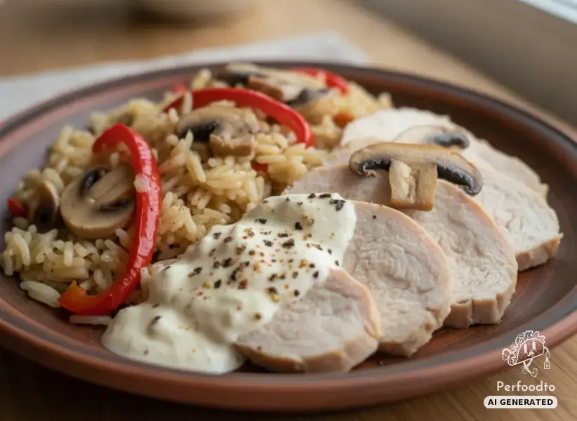 Steamed turkey fillet with long-grain rice and mushrooms from the Thermomix