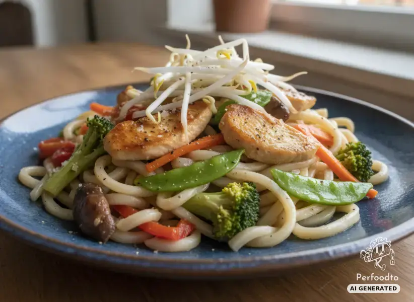 Asian udon noodles with corn-fed chicken and vegetables