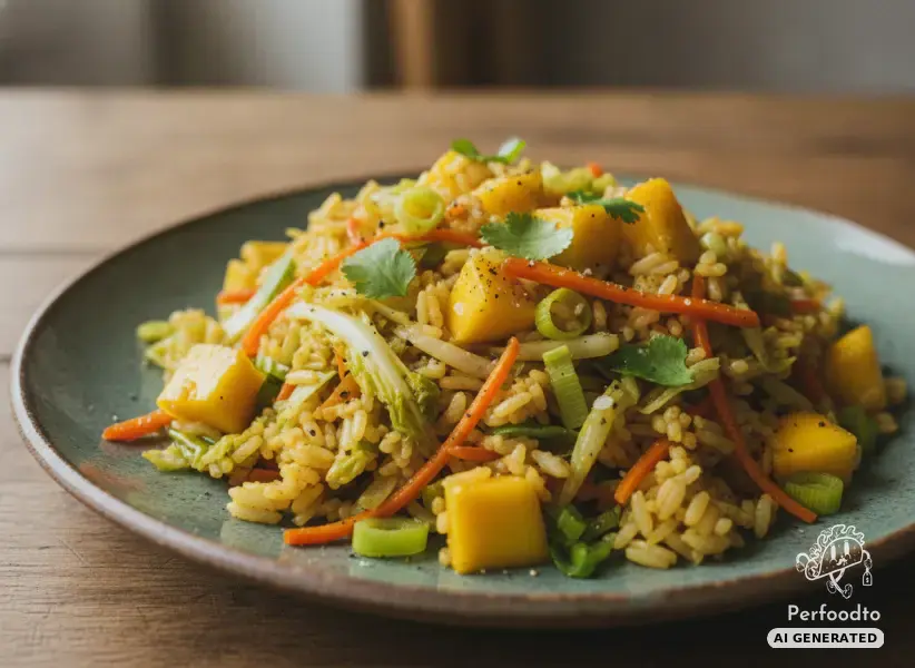 Fruchtige Reispfanne mit Chinakohl Karotten und Mango