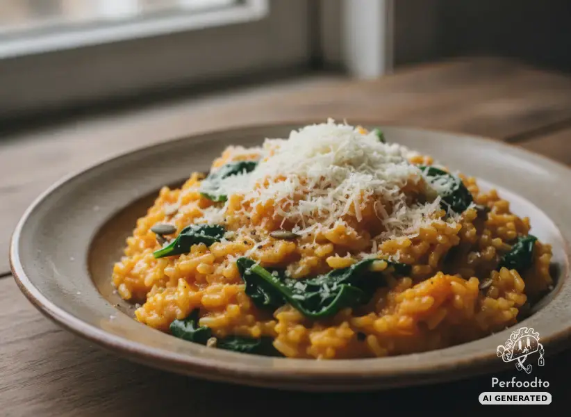 Autumnal pumpkin risotto with baby spinach and Grana Padano