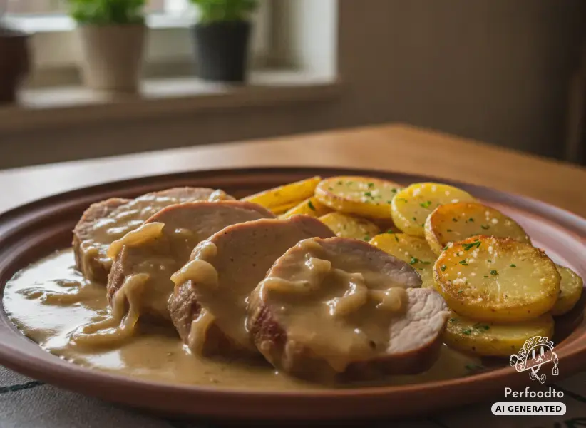 Pork tenderloin in cream sauce with roasted potatoes