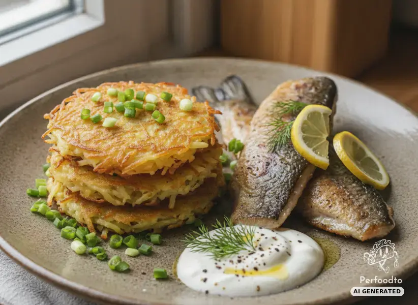 Knusprige Rösti mit Jungzwiebel und gebratenem Bachsaibling