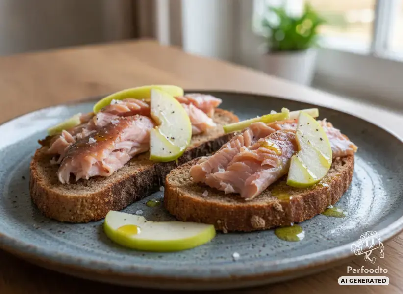 Geröstetes Roggenbrot mit geräucherter Forelle und Apfel