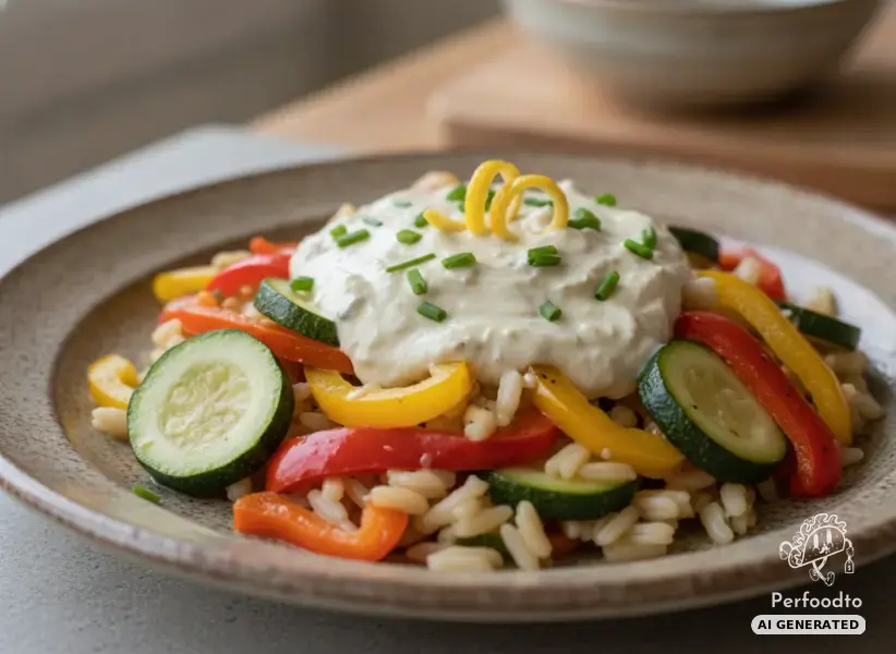 Colorful vegetable pan with cream cheese sauce and rice