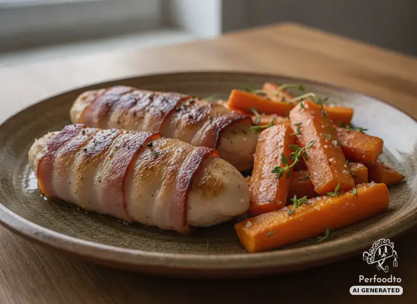 Bacon wrapped chicken fillet with roasted carrots