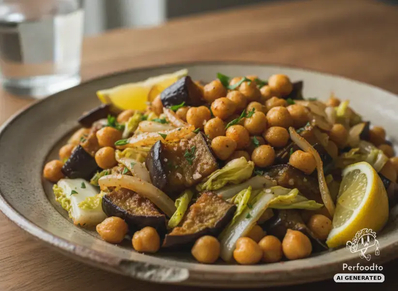 Spicy eggplant and chickpea skillet with Chinese cabbage