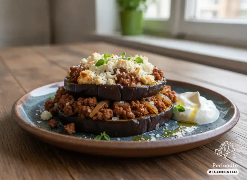 Baked eggplant with savory minced beef and shepherd cheese