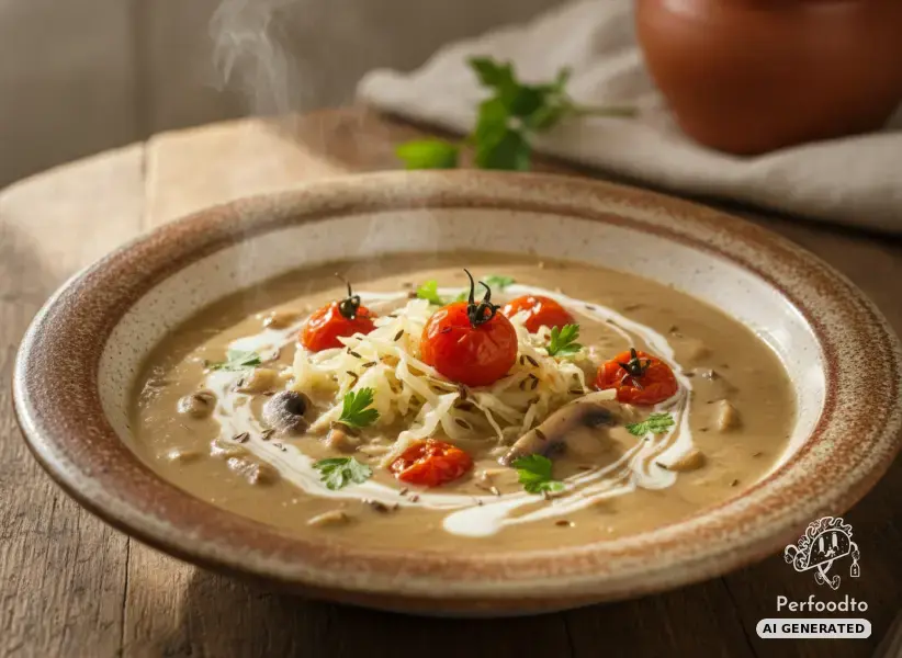 Creamy mushroom soup with white cabbage and sour cream