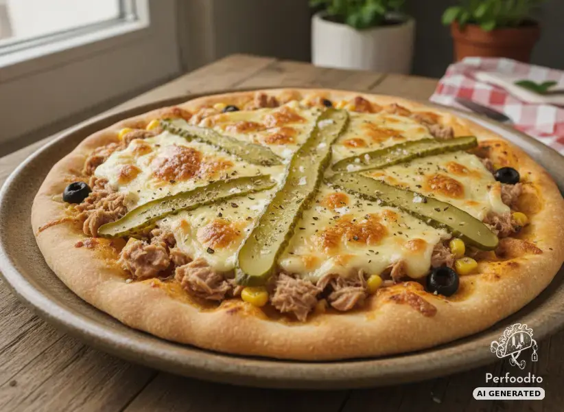 Quick tuna pizza with savory Emmental cheese and pickles