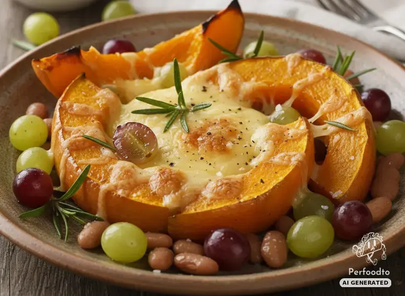 Baked pumpkin with melted oven cheese and grapes
